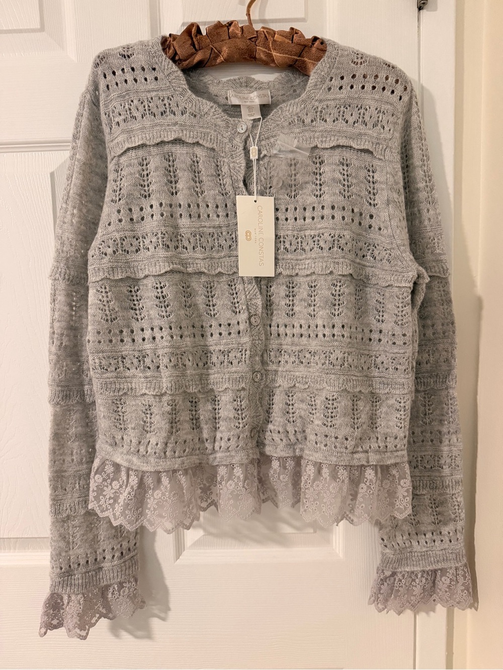 Caroline Constas Light Gray Lace-Trim Knit Cardigan
